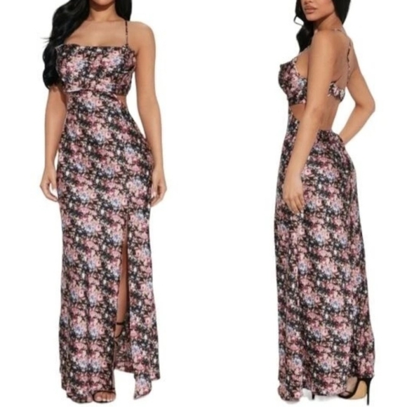 MARBLE Pink and Black Maxi‎ Dress with Slit - Picture 1 of 7